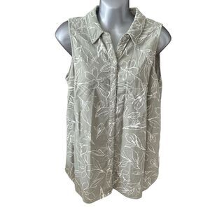 Ecothreads Women's Sleeveless Green Floral Button Up Blouse Size M